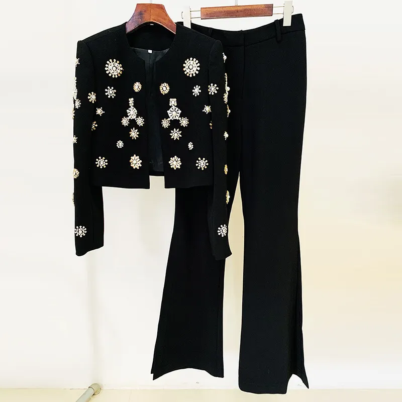 Nigikala Nigikala New Fashion Round Neck Heavy Industry Nail Beads Short Jacket Open Fork Horn Trousers Set