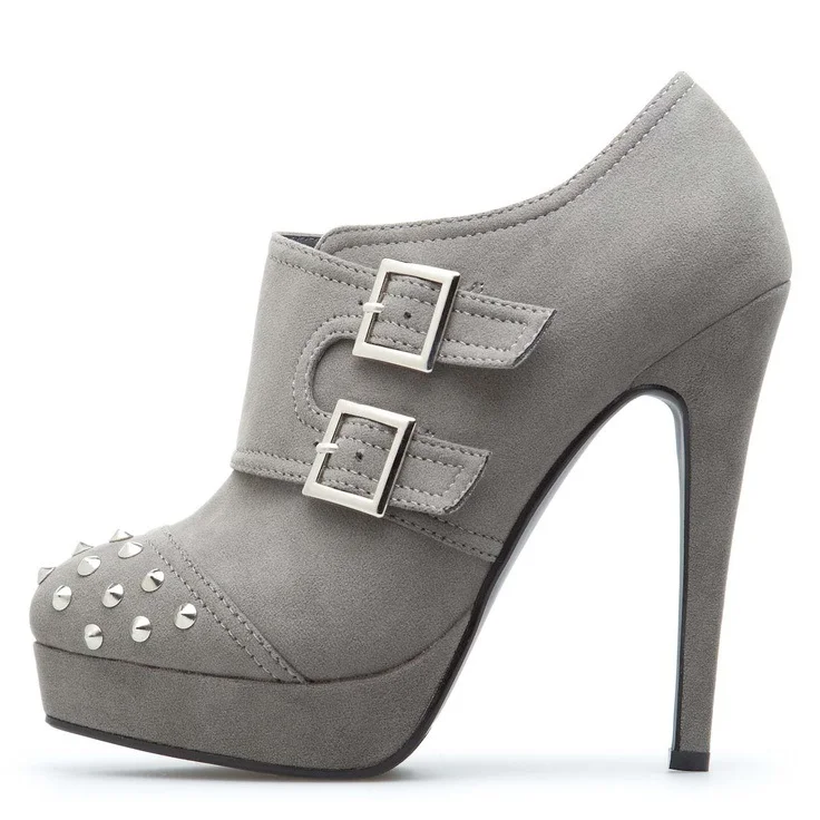 Grey Buckles Rivets Ankle Booties Platform Stiletto Boots Vdcoo