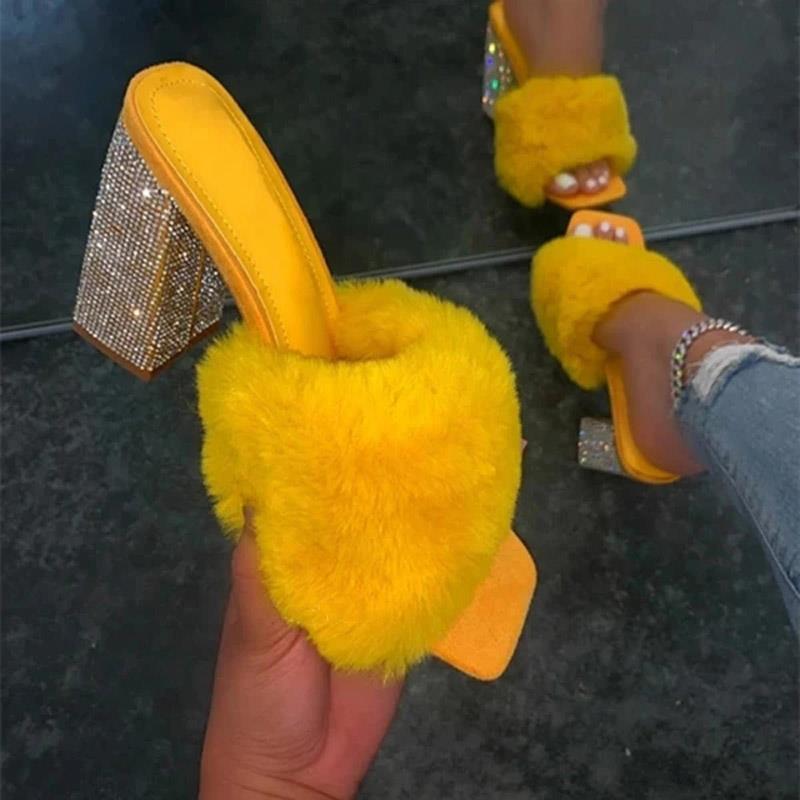 Women's summer fluffy criss cross rhinestone chunky heels