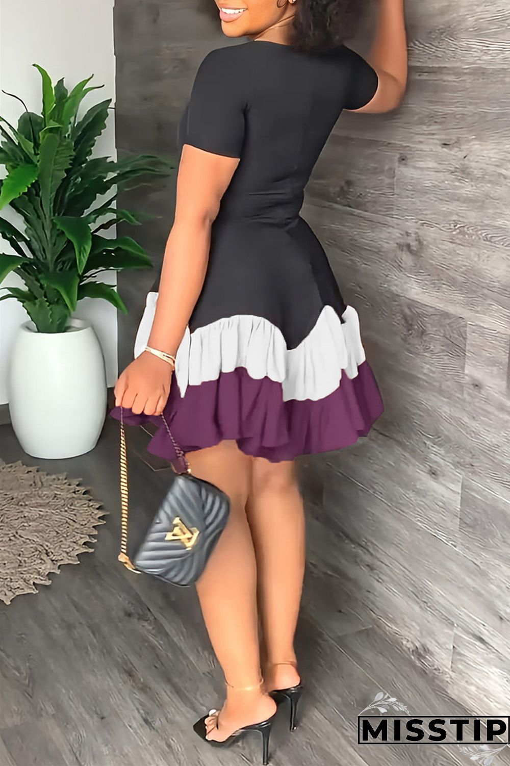 Blue Red Fashion Casual Solid Patchwork O Neck Short Sleeve Dress