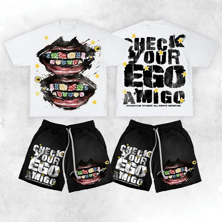 Vintage Hellstar With Check Your Ego Amigo Graphic T-Shirt And Shorts Matching Set