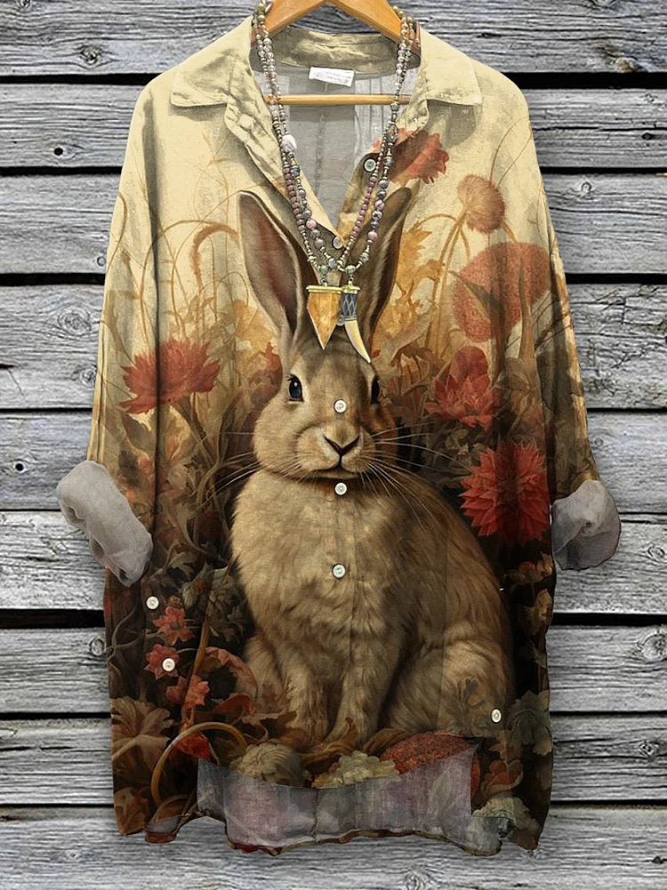 The Autumn Harvest Field And The Wild Bunny Art Printed Women's Casual Cotton And Linen Shirt