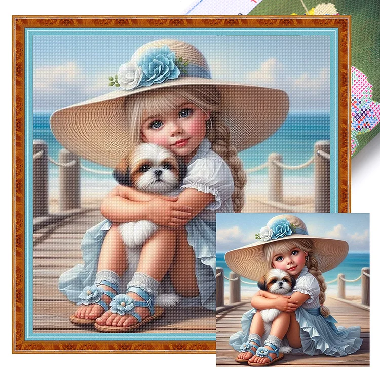 【Yishu Brand】Girl And Puppy (45*45cm) 11CT Stamped Cross Stitch gbfke