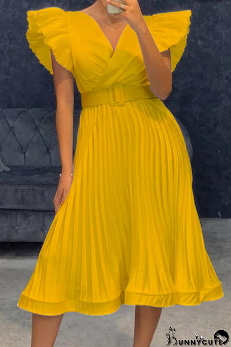 Yellow Fashion Casual Solid Fold With Belt V Neck Short Sleeve Dress Dresses