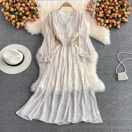 FTLZZ New Summer Casual Ciffon Single Breasted Puff Sleeve Women mid-Calf Dresses A Line V Neck Solid Slim Lady Full Dress