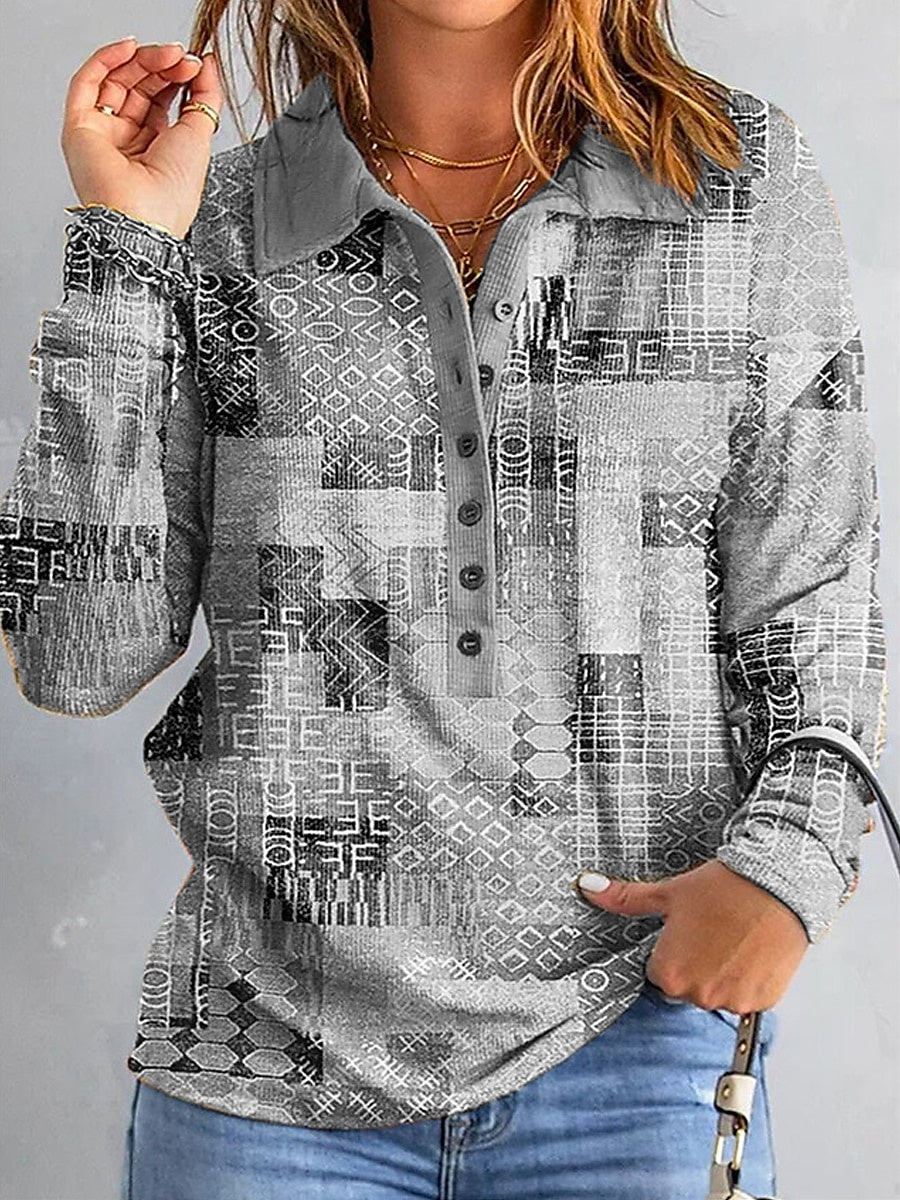 Women Long Sleeve V-neck Graphic Floral Printed Top
