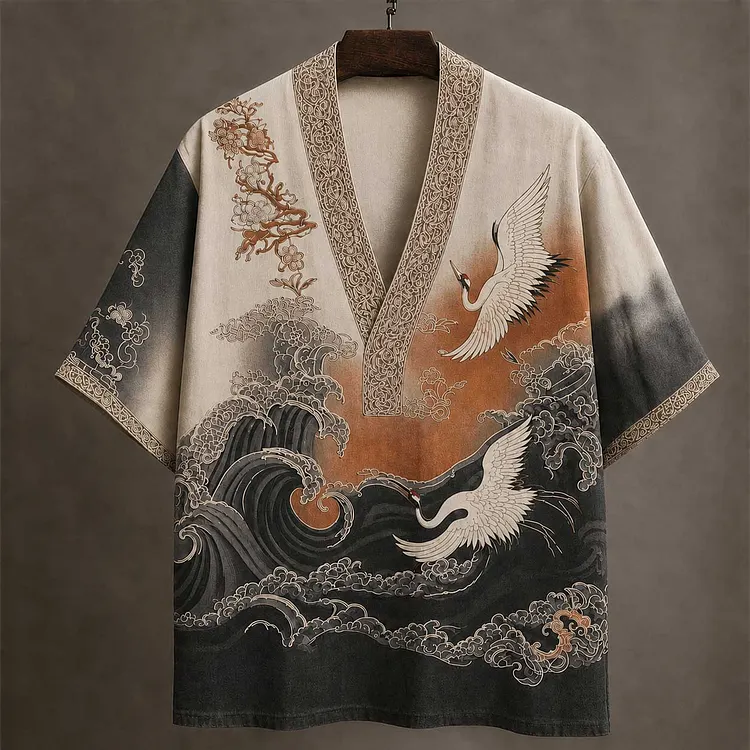 Japanese Embossed Crane Art Men's Linen V-neck Shirt