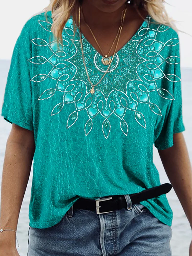Turquoise Leather Graphic V Neck Comfy T Shirt