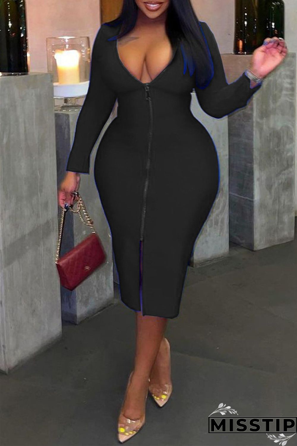 Black Fashion Casual Solid Zipper V Neck Long Sleeve Plus Size Dresses