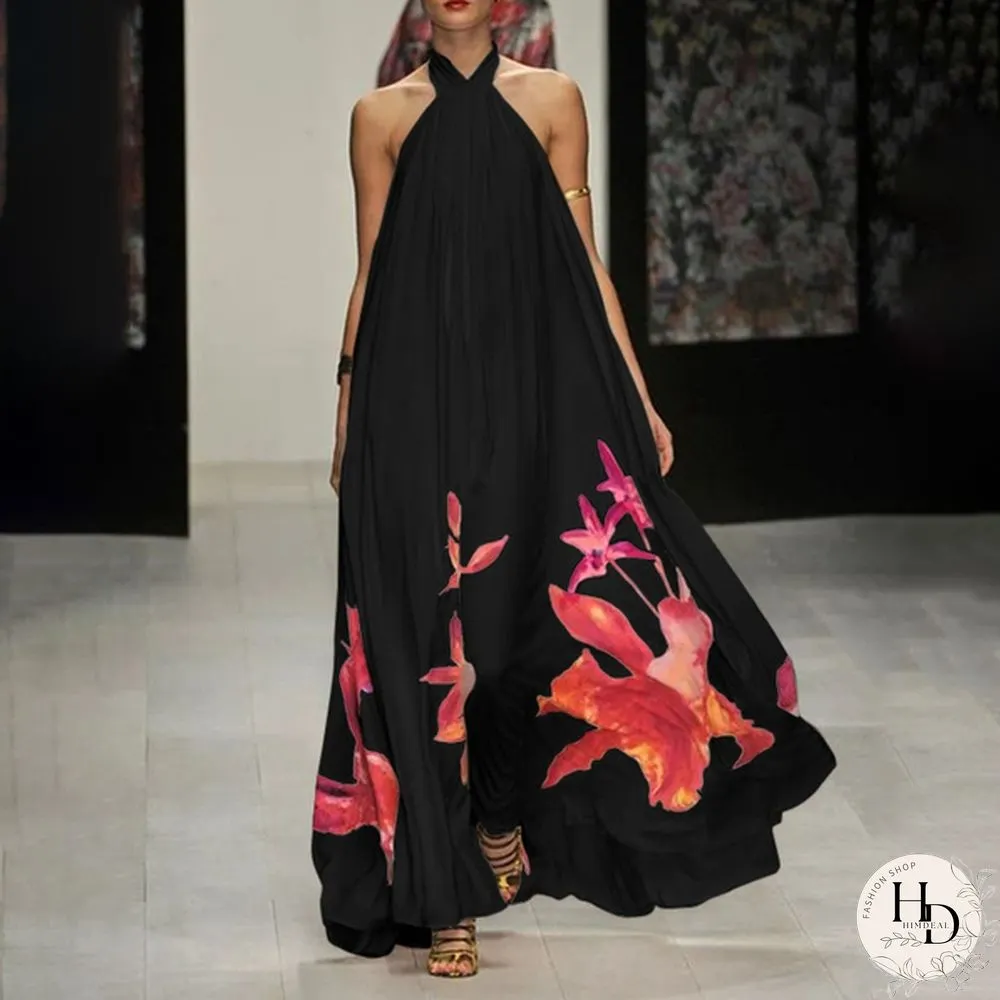 Summer Party Evening Sundress Women Floral Halter Backless Long Dress Casual Baggy