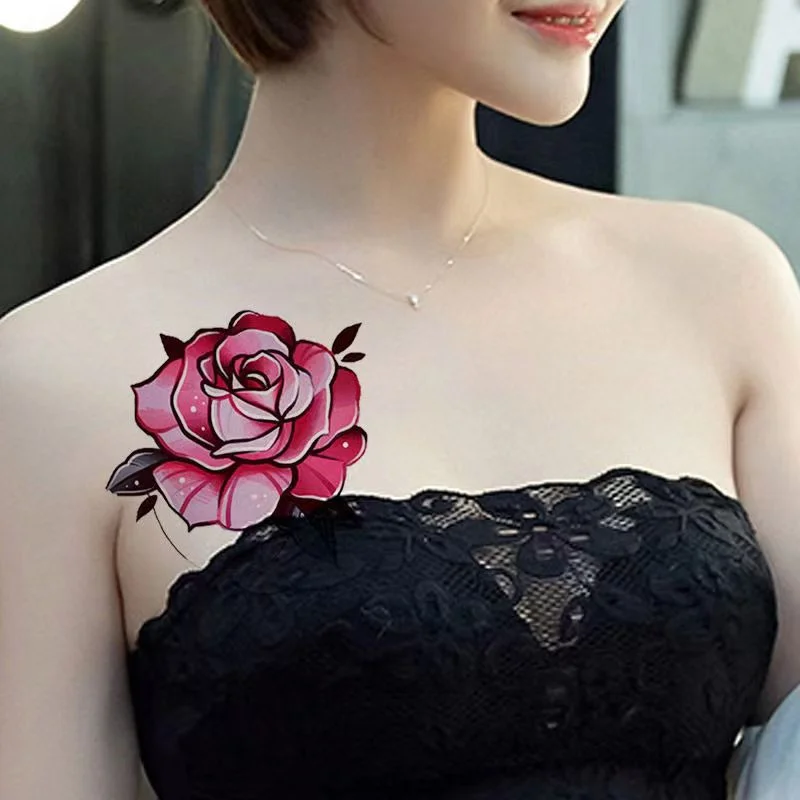 Dark Flower Temporary Tattoo Female Waterproof Sexy Gothic Clavicle Water Transfer Art Fake Tattoos Arm Chest Tattoo Stickers