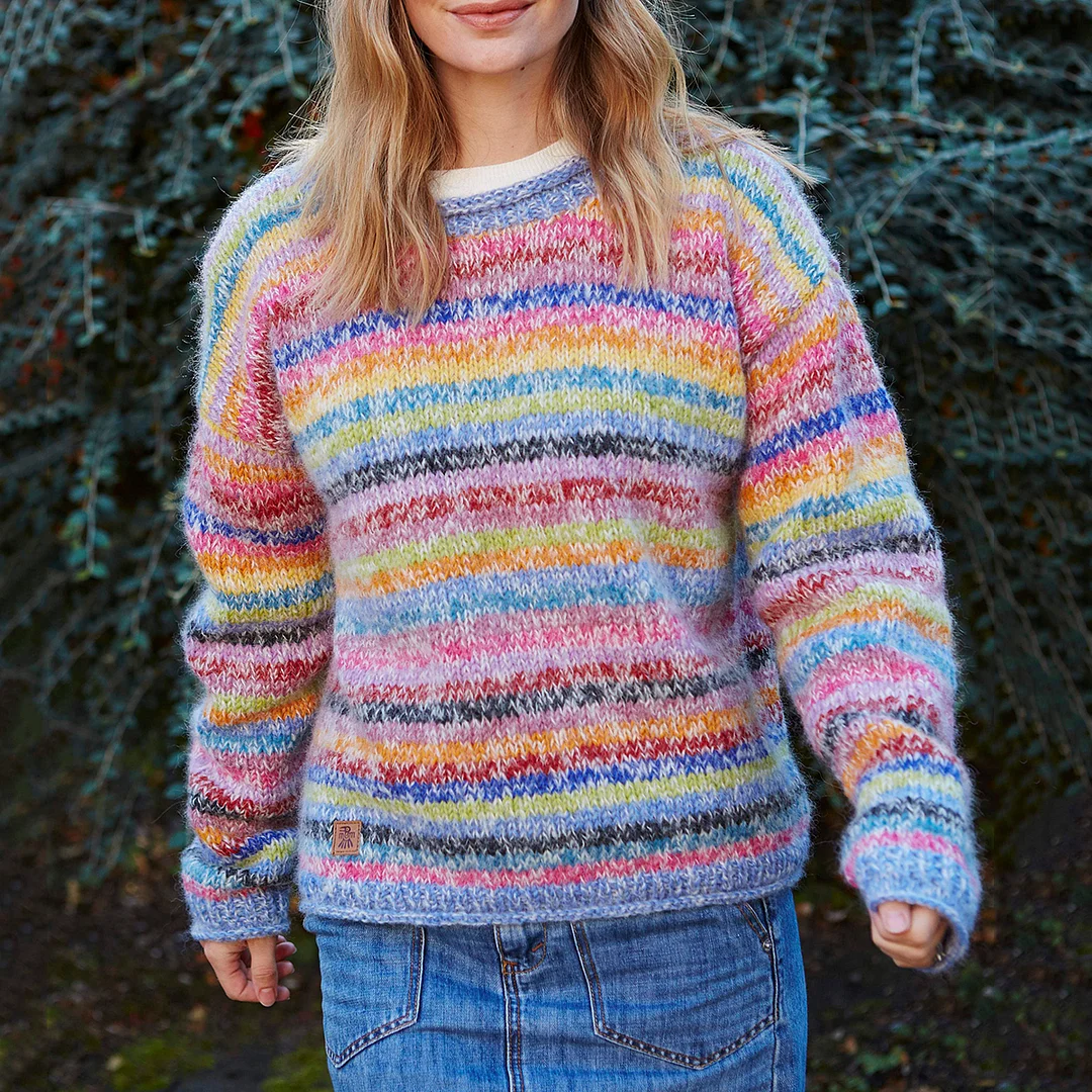 Vintage Mohair Rainbow Stripe Knit Jacquard Crew Neck Sweater
