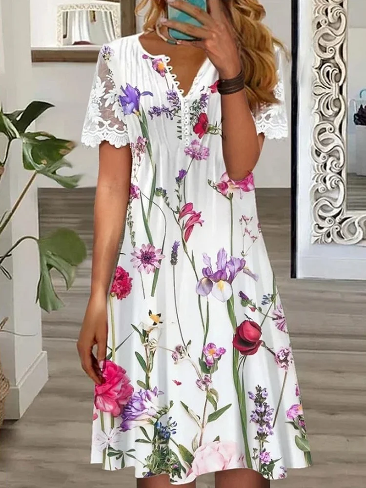 Round Neck Casual Lace Panel Floral Print Short Sleeve Short Dress socialshop