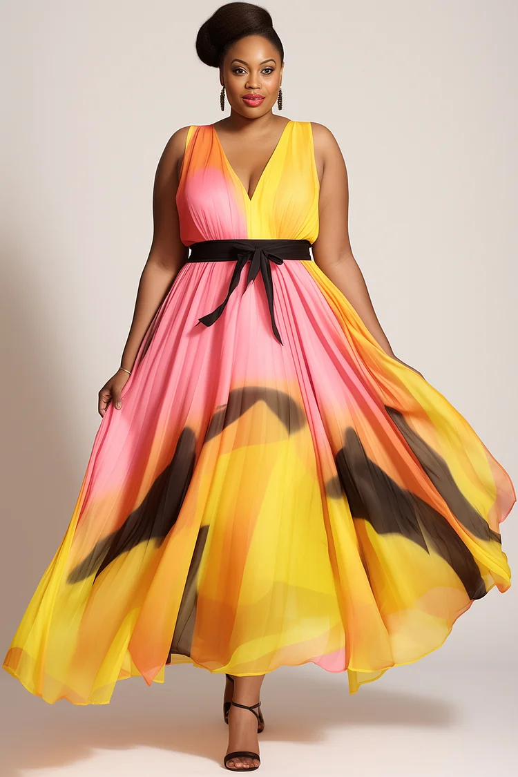 Xpluswear Design Plus Size Business Casual Yellow Colorblock V Neck Wrap Midi Dresses [Pre-Order]