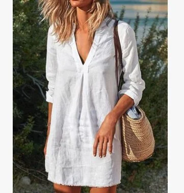 Cotton Linen Solid Color V-Neck Mid Length Casual Long Sleeve Dress Women's