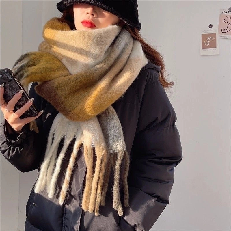 Plaid Tassel Scarf Women's Autumn And Winter Rainbow Brand Color-matching Imitation Cashmere Mahair Shawl Thickened Scarf