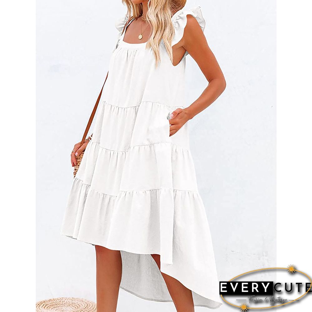 White Ruffled Sleeveless High Low Swing Midi Dress