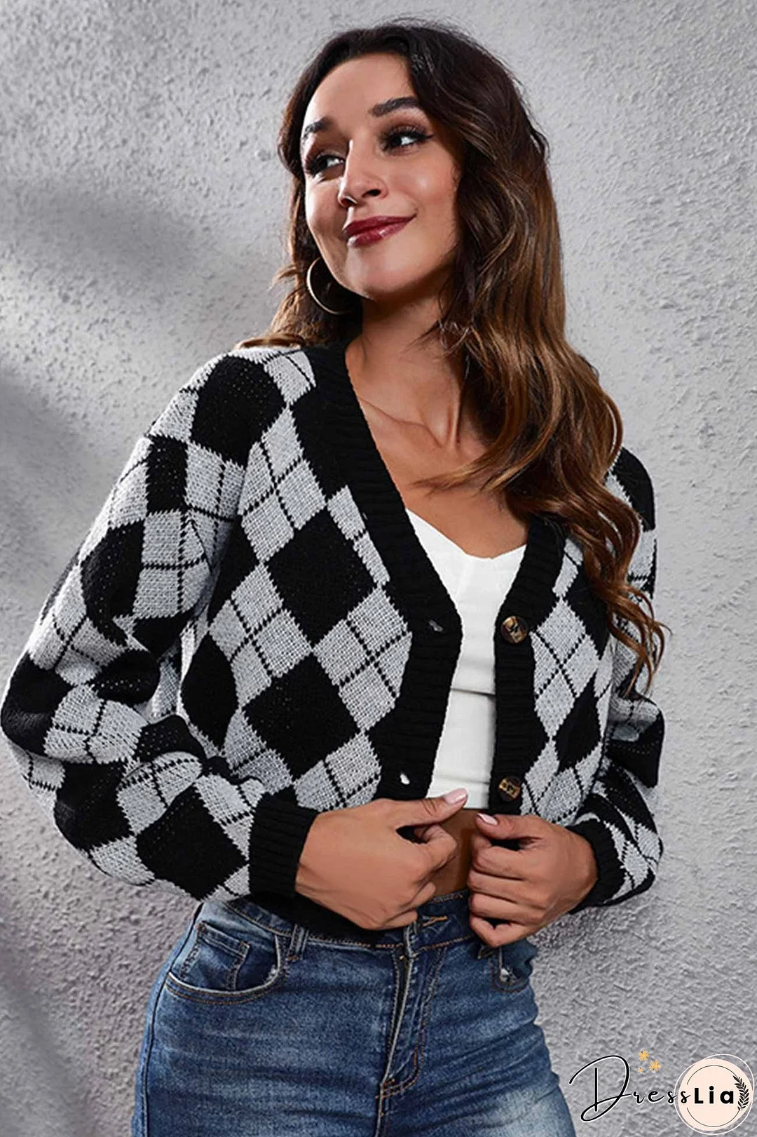 Color Patchwork Argyle Knitted Cardigan