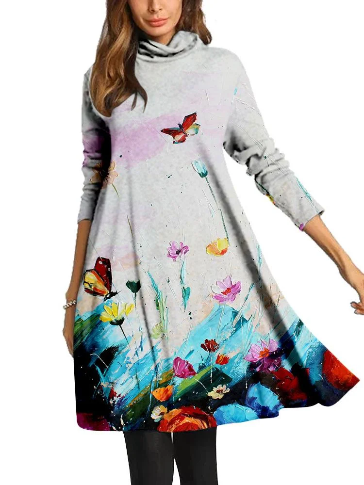 Women Long Sleeve Scoop Neck Printed Midi Dress