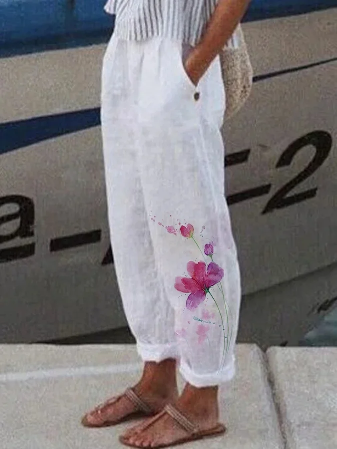Ladies Casual Flower Printed Cotton Linen Pants