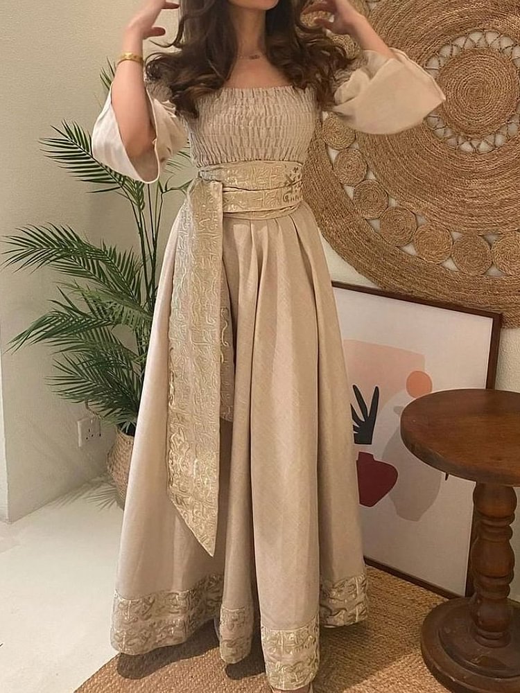Solid color stretch linen pleated dress with belt فساتين
