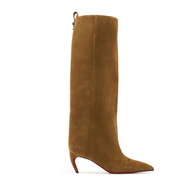 70mm Women's Pointed Toe Stiletto Heel  Red Bottom Knee Boots-MERUMOTE