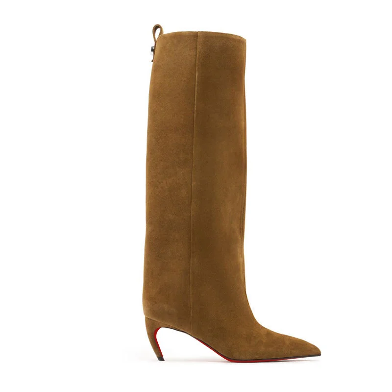 70mm Women's Pointed Toe Stiletto Heel  Red Bottom Knee Boots-MERUMOTE