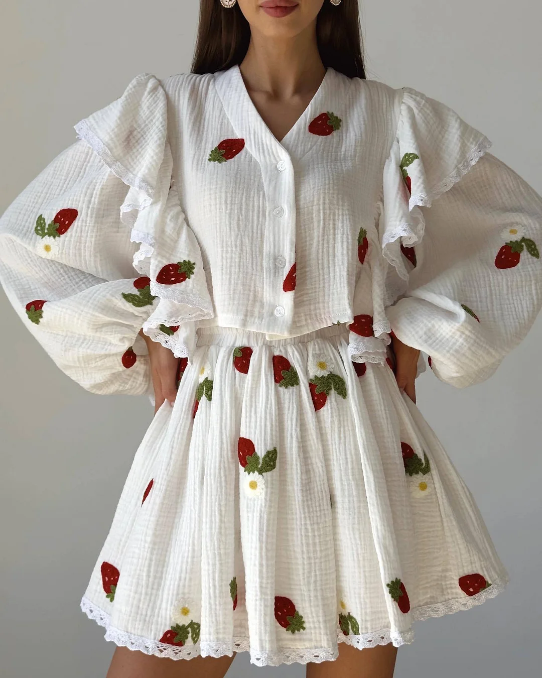 Trendy Cotton Leaf Ruffle Strawberry Print Skirt Two-Piece Set