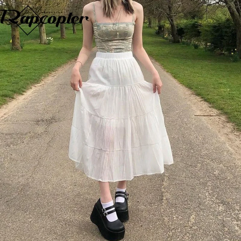 Rapcopter y2k Chiffon Pleated Skirts White Patched Sweet Kawaii Mid-Claf Skirts Grunge Fairycore Party Holiday Skirts Women Chic