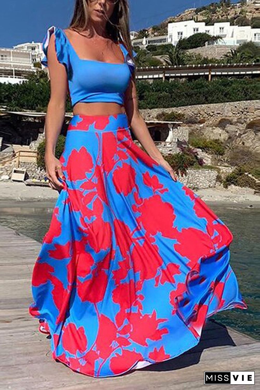 Bohemian Printed Ruffle Two Piece Sets