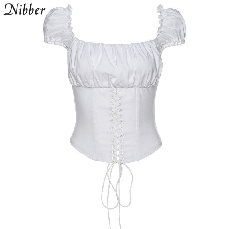 Nibber French romance Elegant Women tops white low cut short Sleeve T-shirt casual streetwear 2020 summer office ladie Tee mujer