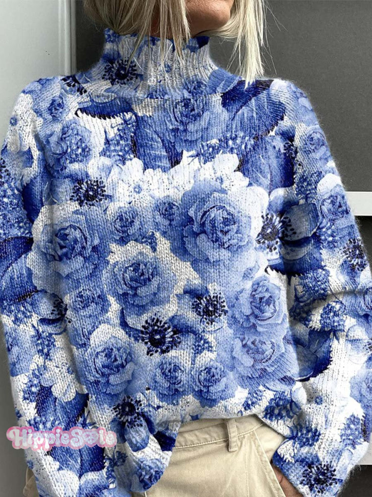 Women’s Vintage Lovely Floral Art Print Knit Turtleneck Pullover Sweater Blue / S