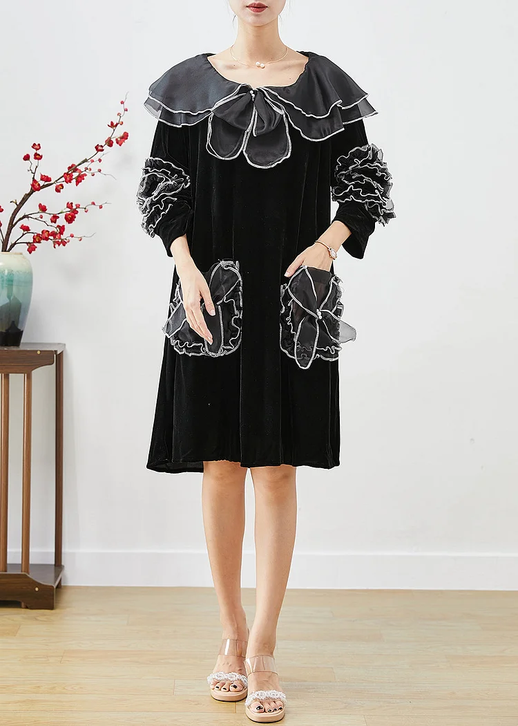 Stylish Black Oversized Patchwork Silk Velour Dress Bracelet Sleeve