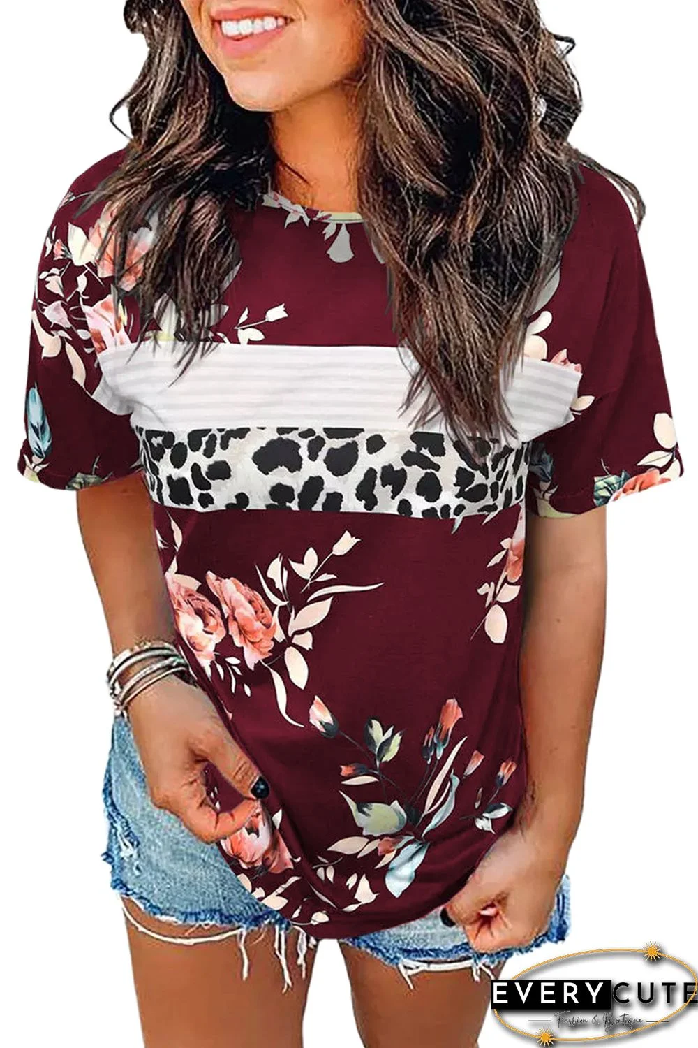 Red Leopard Striped Floral T Shirt