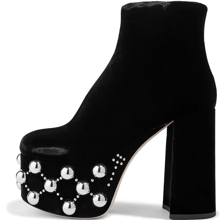 Black Platform Boots Silver Studs Chunky Heel Ankle Boots |FSJ Shoes