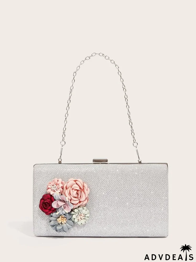Glitter Floral Decor Chain Box Bag