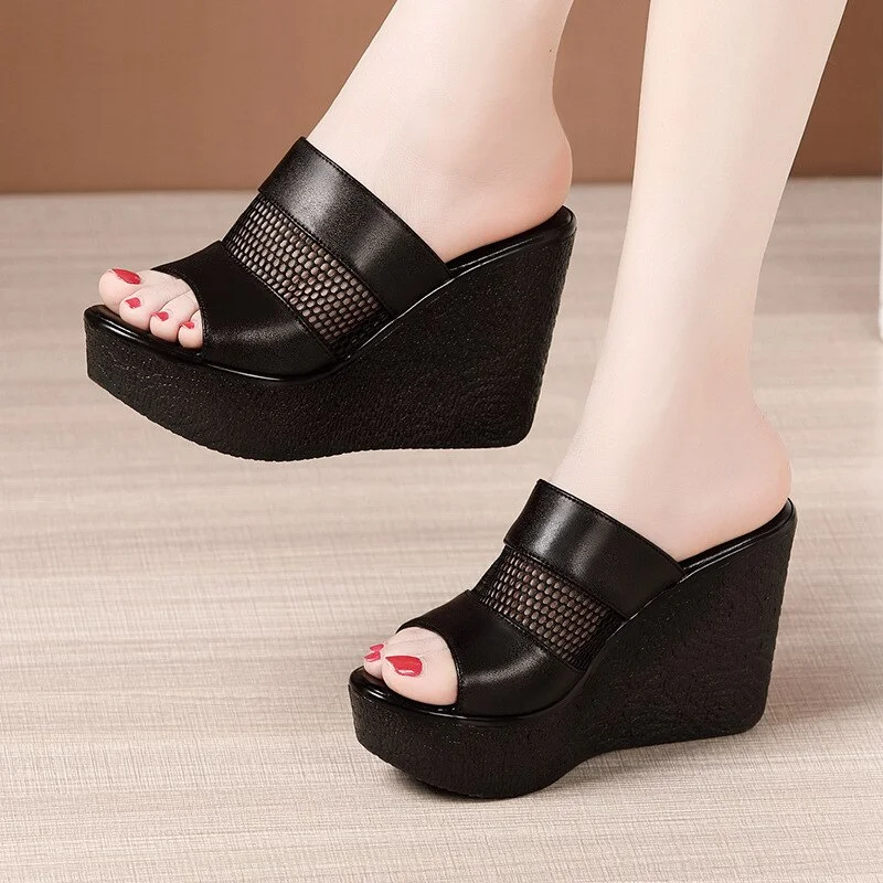 Qengg Size 32-43 High Heels Slippers Women Wedding Shoes Summer 2020 Cutout Platform Wedges Slides Ladies Slippers for Office