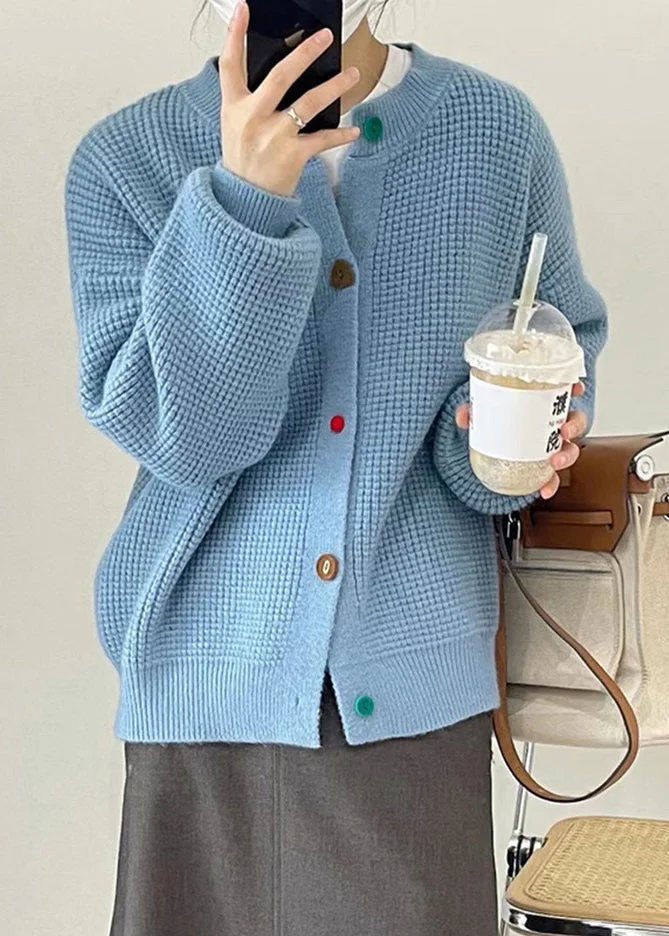 French Blue O Neck Button Versatile Knit Coat Fall