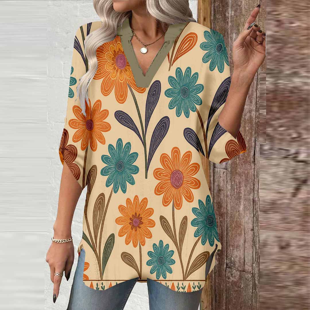 Women Floral, Orange DZGA0092 3/4 Sleeve V-neck Printed Graphic Button Tops