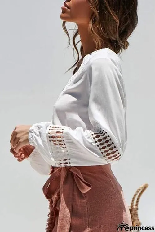 Hollow V Neck Puff Sleeve Blouse