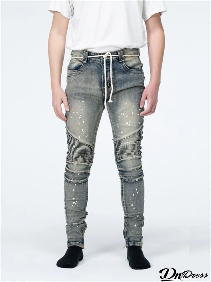 Men's White Points Design Pleated Distressed Pencil Jeans