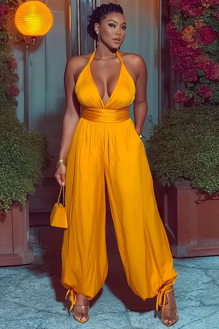 Halter V Neck Cinched Waist Party Tapered Leg Jumpsuit-Orange [Pre Order]