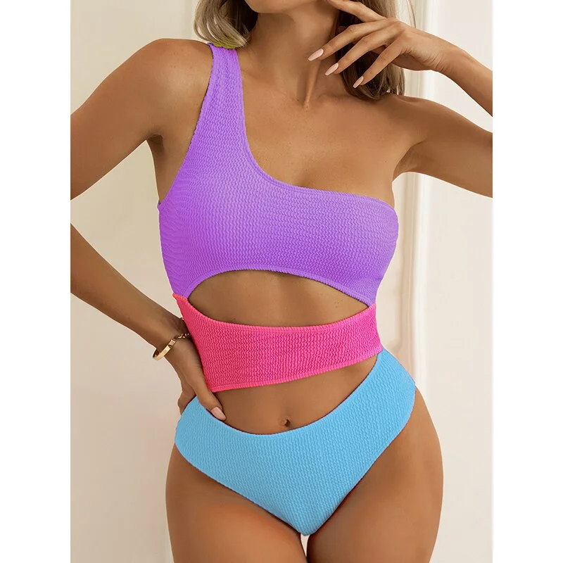 INGAGA Cut Out Sexy One Piece Swimsuits One Shoulder Swimwear Women Ribbed Monokini Solid Bodysuits Women High Cut Bathing Suits