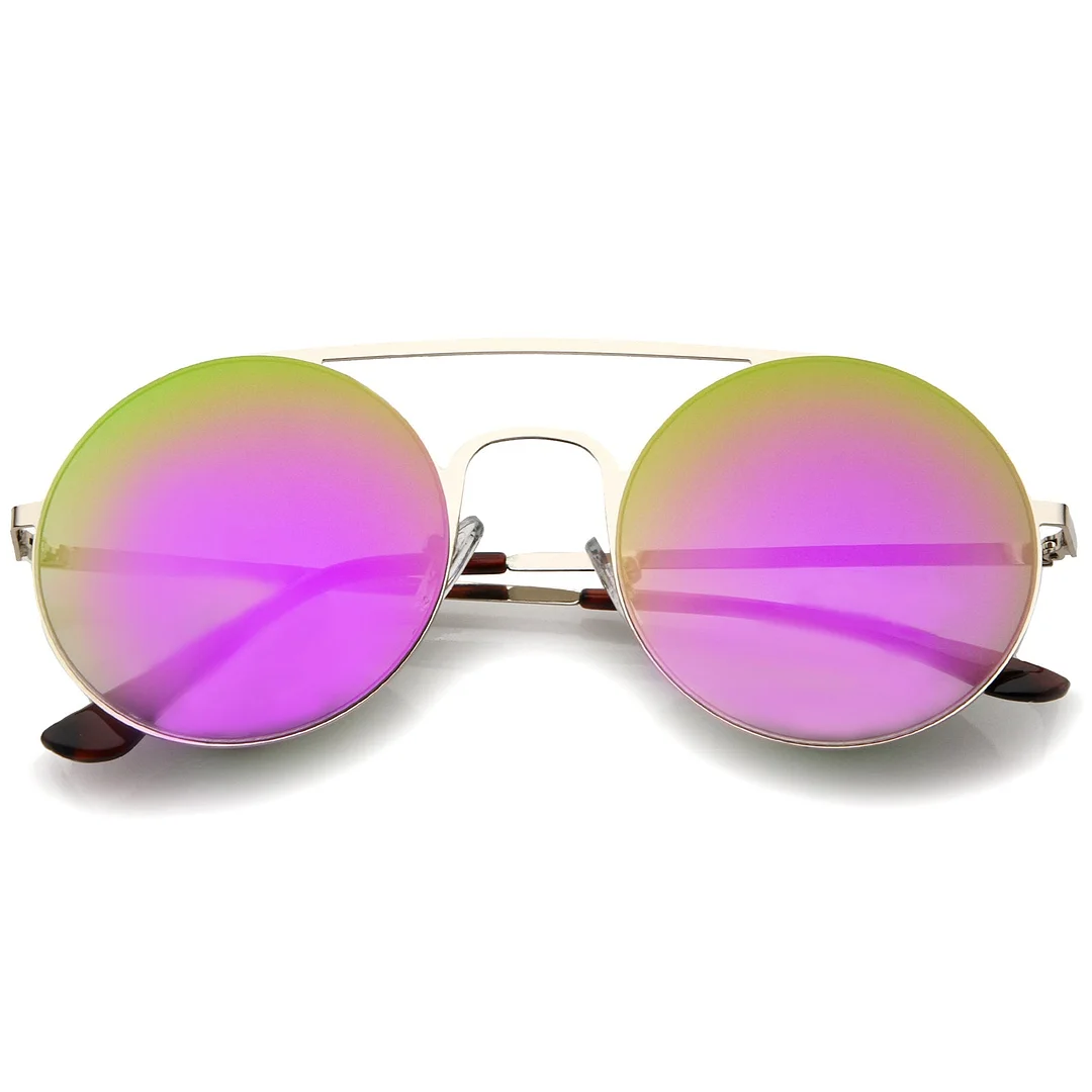 Modern Slim Double Nose Bridge Colored Mirror Flat Lens Round glasses 53mm