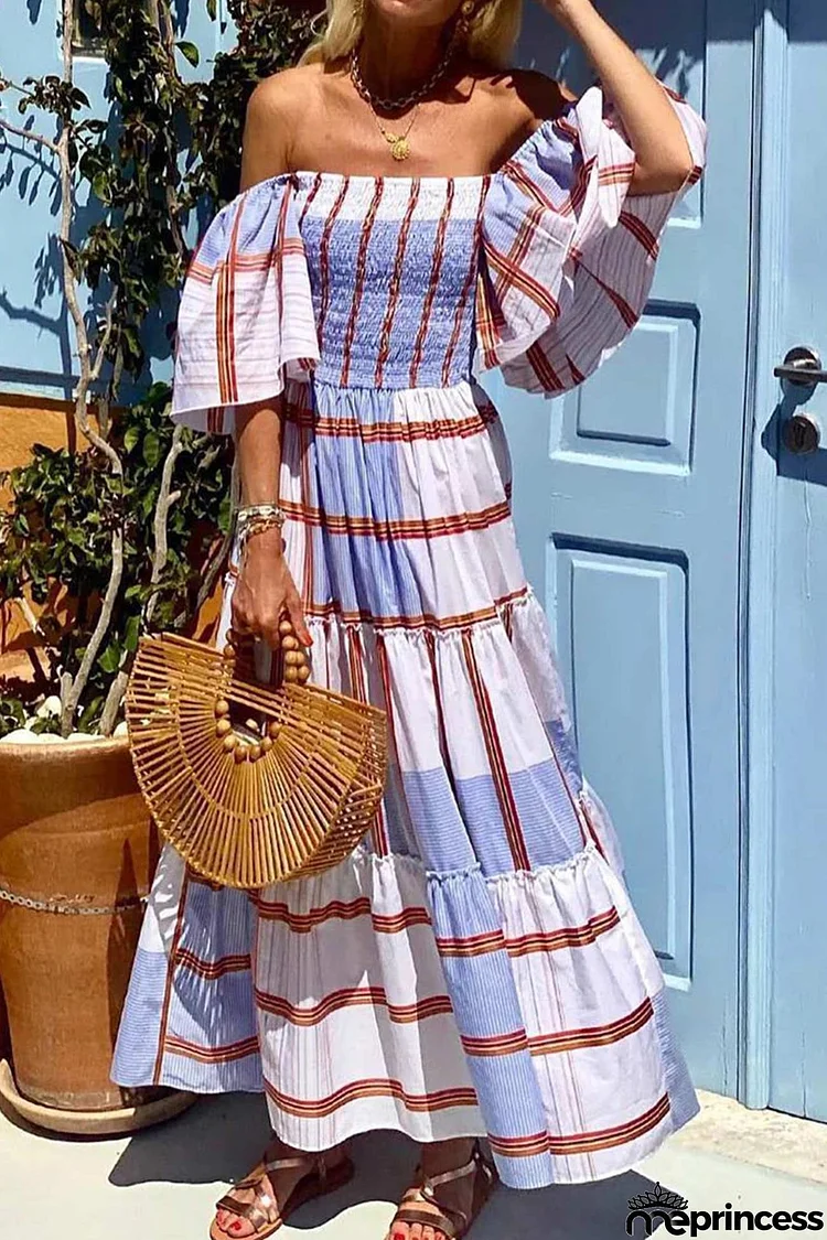 Contrast Striped Print Ruffle Sleeve Tiered Dress