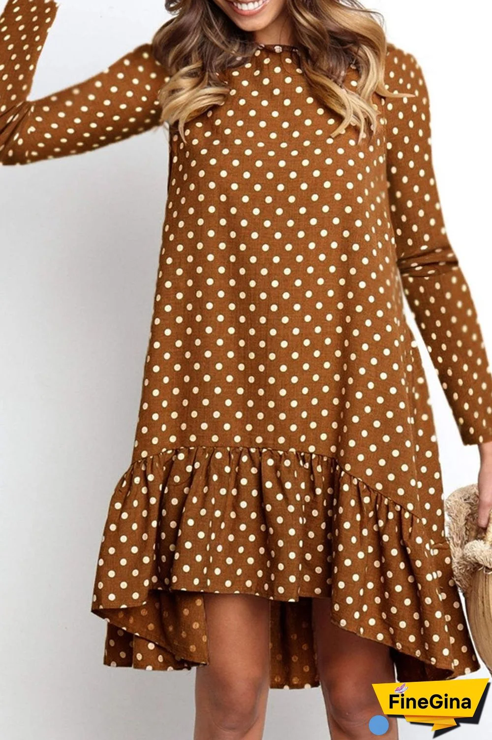 Fashion Sweet Polka Dot Split Joint O Neck Irregular Dresses