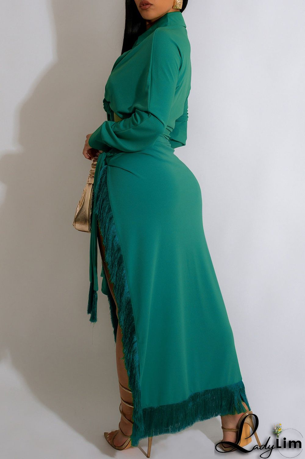 Blue Casual Solid Frenulum Slit Turndown Collar Long Sleeve Two Pieces