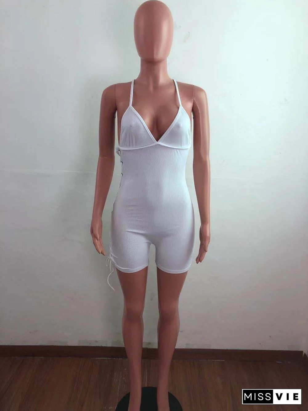 Women Solid Color Streetwear Spaghetti Strap Deep V Neck Ribbed Knit Backless Bodycon Rompers