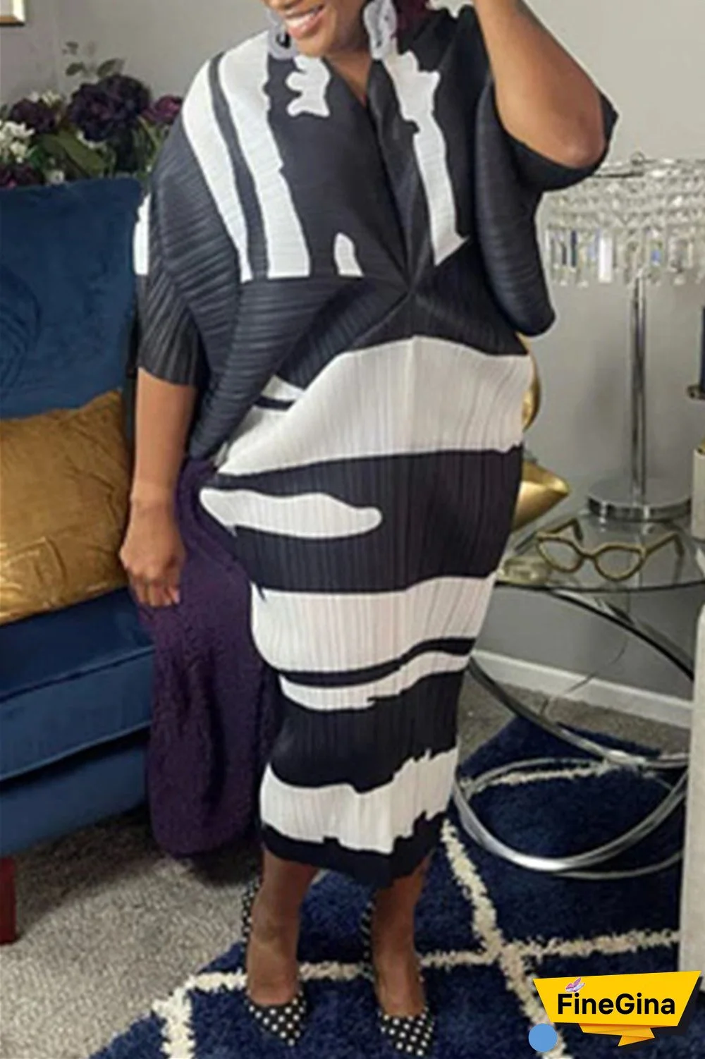 Pink Purple Casual Print Patchwork V Neck Pencil Skirt Plus Size Dresses