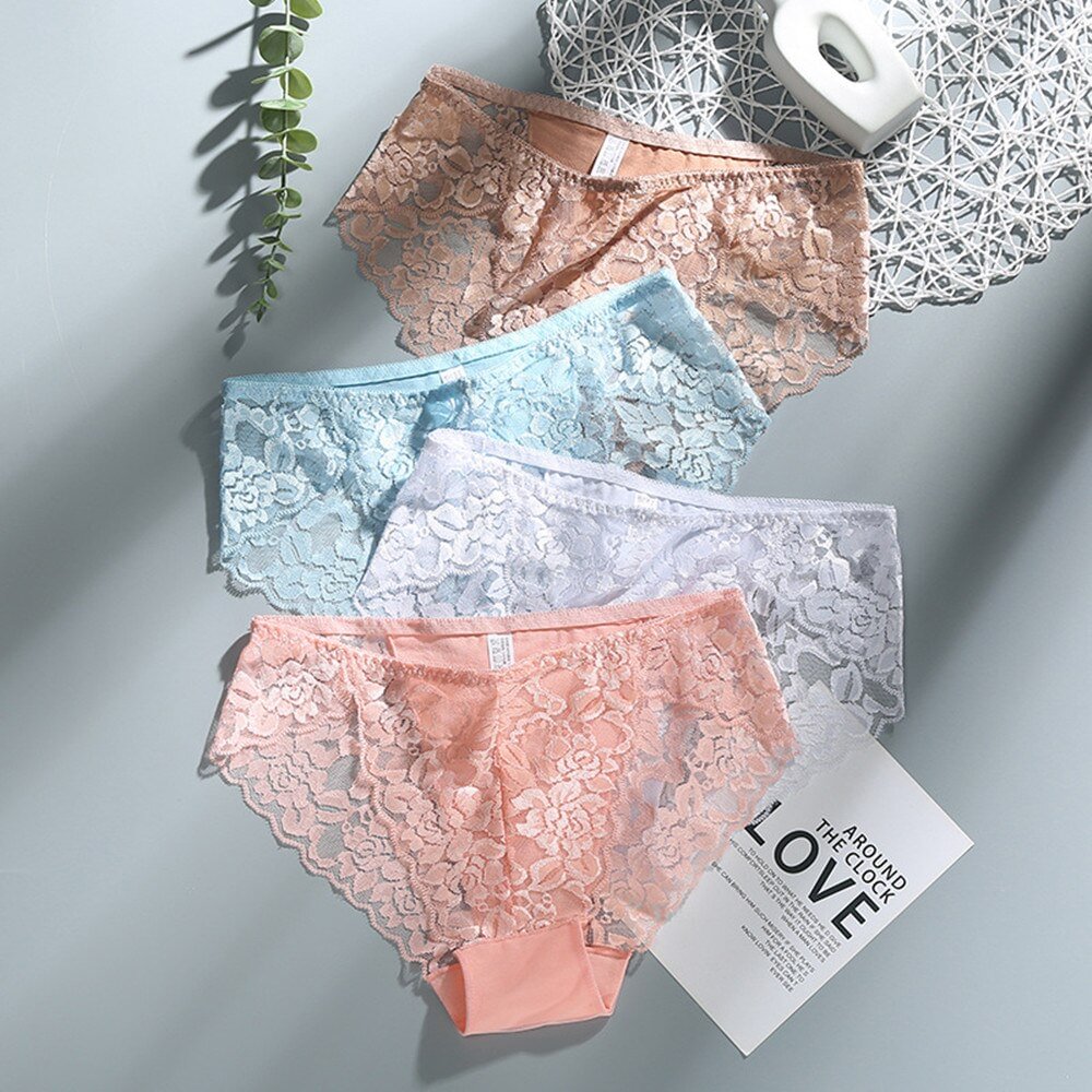 3Pcs Sexy Low Waist Women's Underwear Lace Plus Size Seamless Panties Breathable Lingerie Female Briefs Solid Hollow Underpants